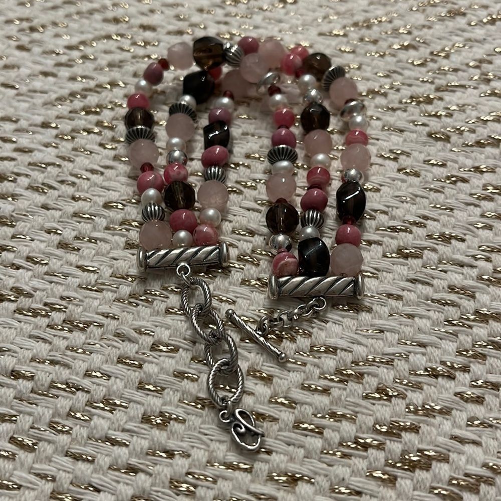 CAROLYN POLLACK 3 STRAND RHODONITE ROSE & SMOKY QUARTZ PEARL TOGGLE BRACELET